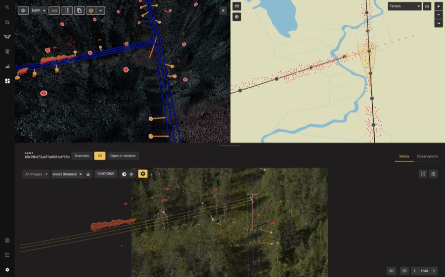 Sharper Shape CORE: one asset shown in three synchronized views, a 3D point cloud with vectorized power lines, a 2D map, and annotated inspection imagery